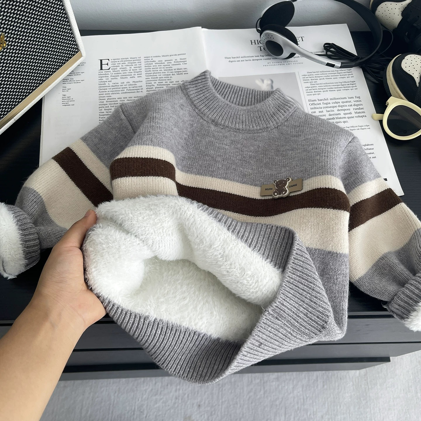 男童毛衣一体绒针织衫加绒加厚拼色打底男宝条纹拼色毛衣套头潮流