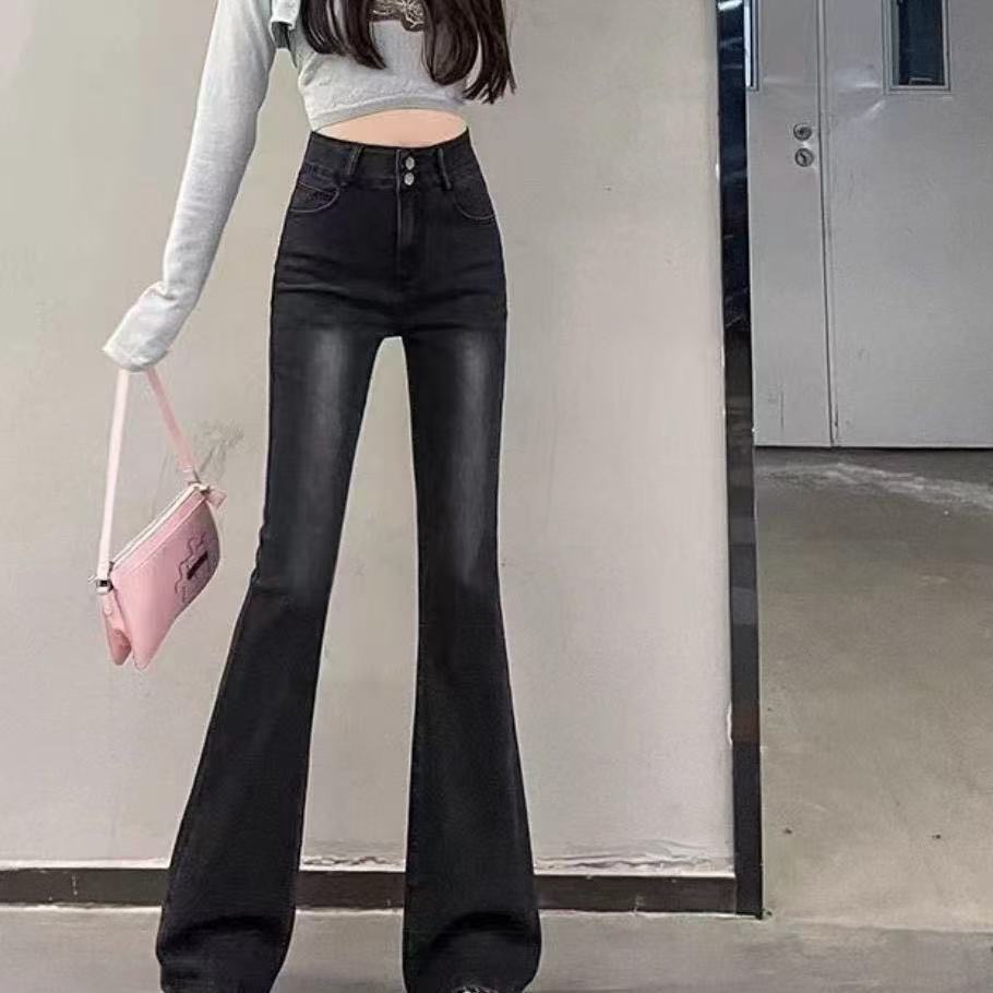 秋季女微喇叭长裤小个子牛仔裤高腰小个子大喇叭裤