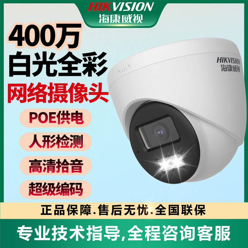 【400万白光全彩POE摄像机】海康威视人形检测高清拾音室内半球1345