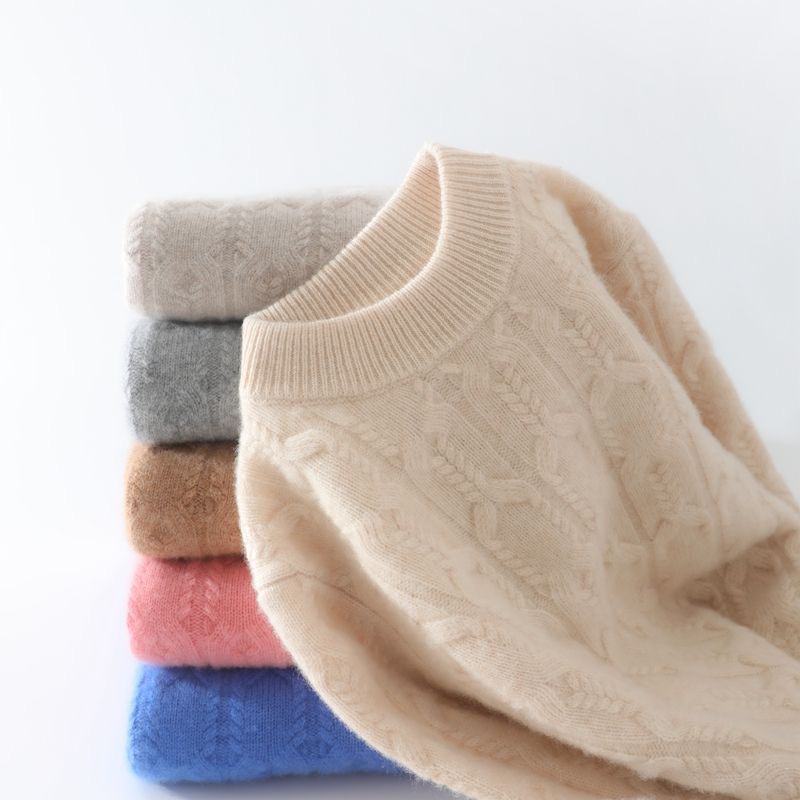 三股加厚100%纯羊毛衫男女童圆领绞花儿童毛衣宽松针织衫