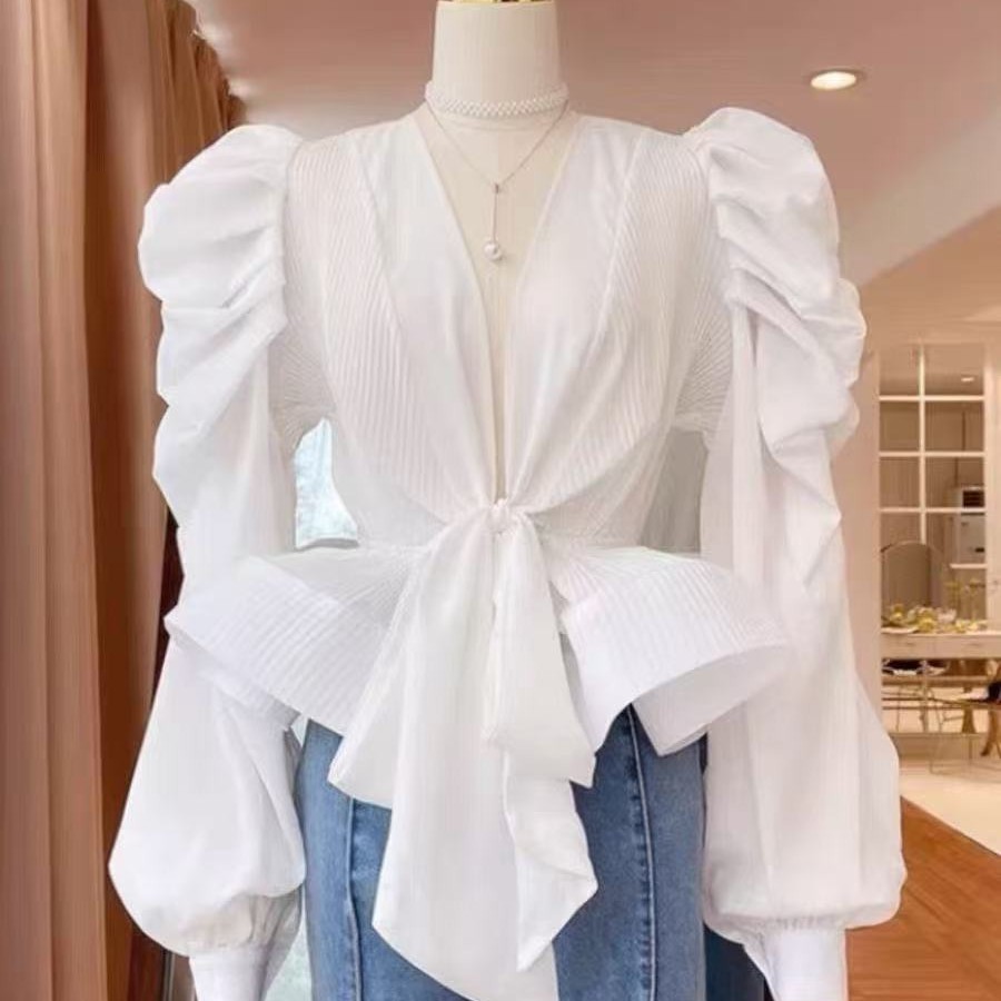 复古泡泡袖V领衬衫女春秋立体荷叶边系带收腰褶皱短袖上衣