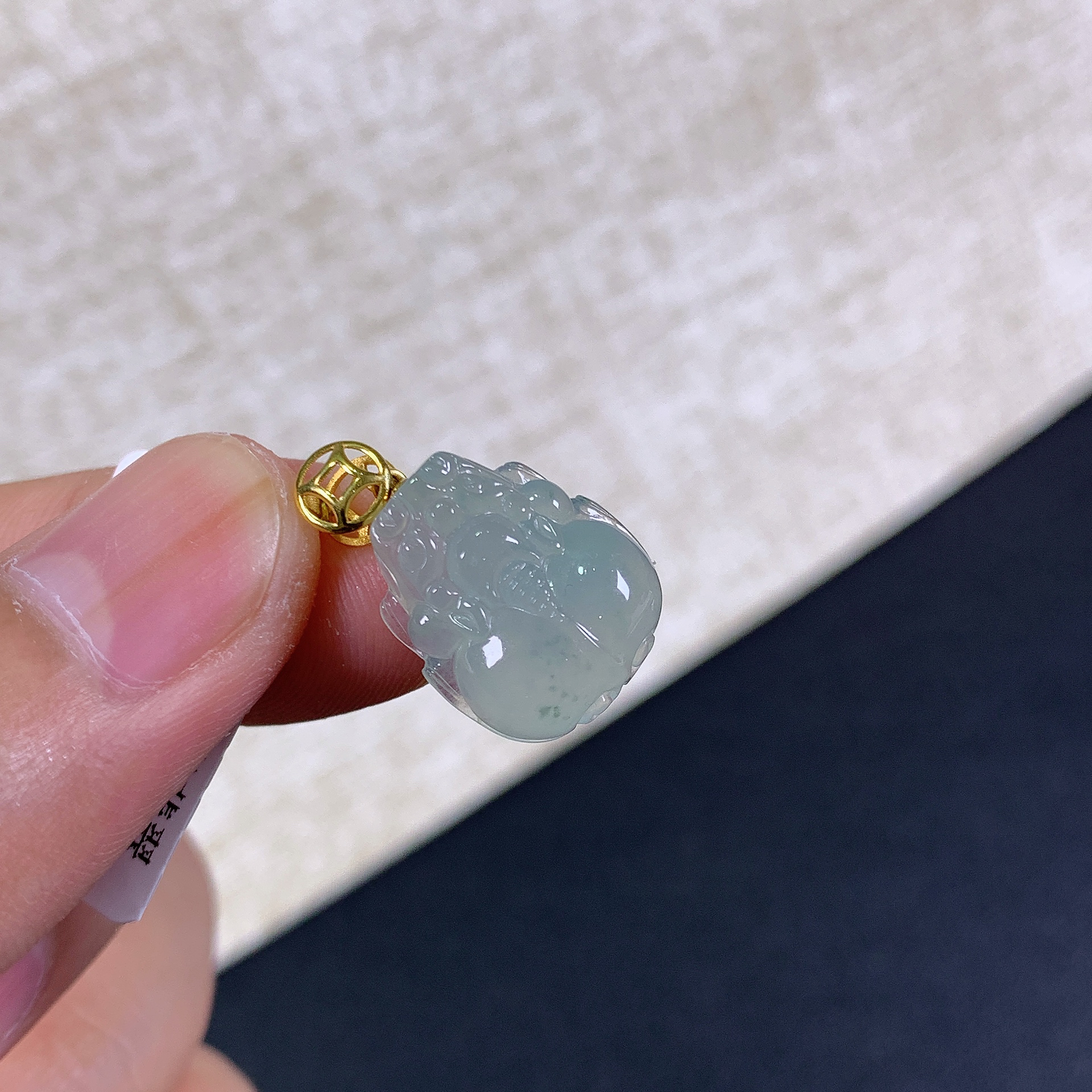 缅甸天然A货翡翠18k金镶嵌冰种貔貅吊坠22.2x13.7x5.7
