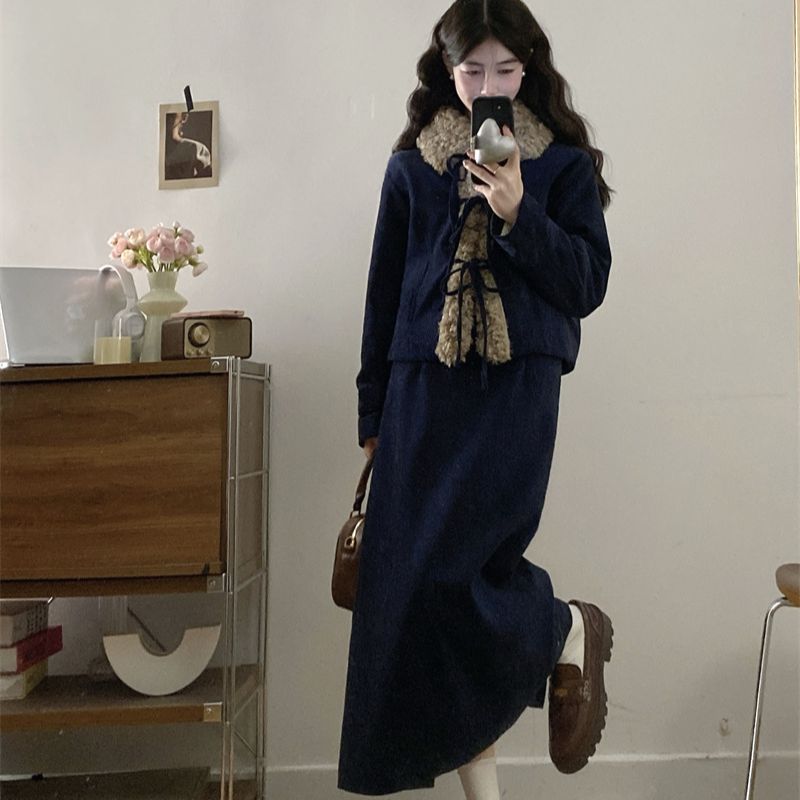 胖颖专属大码冬季新款加厚夹棉毛毛领显瘦棉服+半裙两件套2028