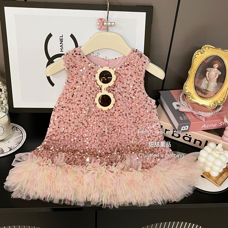 女童洋气蛋糕裙背心裙秋冬不加绒亮片礼服裙公主裙女宝生日裙潮