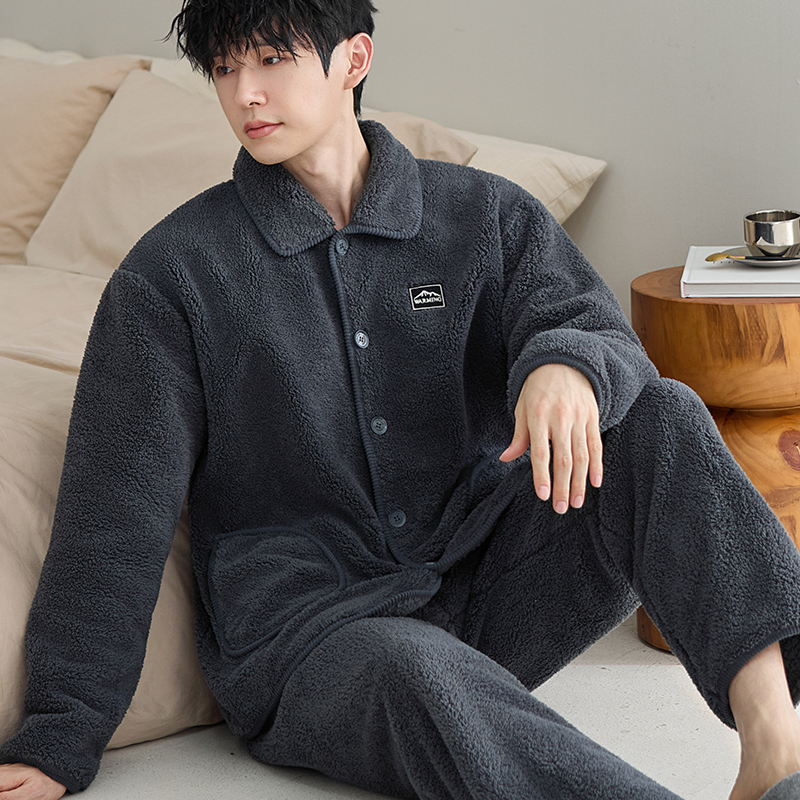 睡衣男秋北羔绒冬季珊瑚绒加厚加绒男款法兰绒冬款家居服大码套装