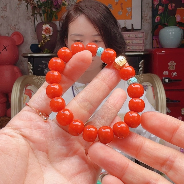 南红玛瑙手链18K金镶嵌手串