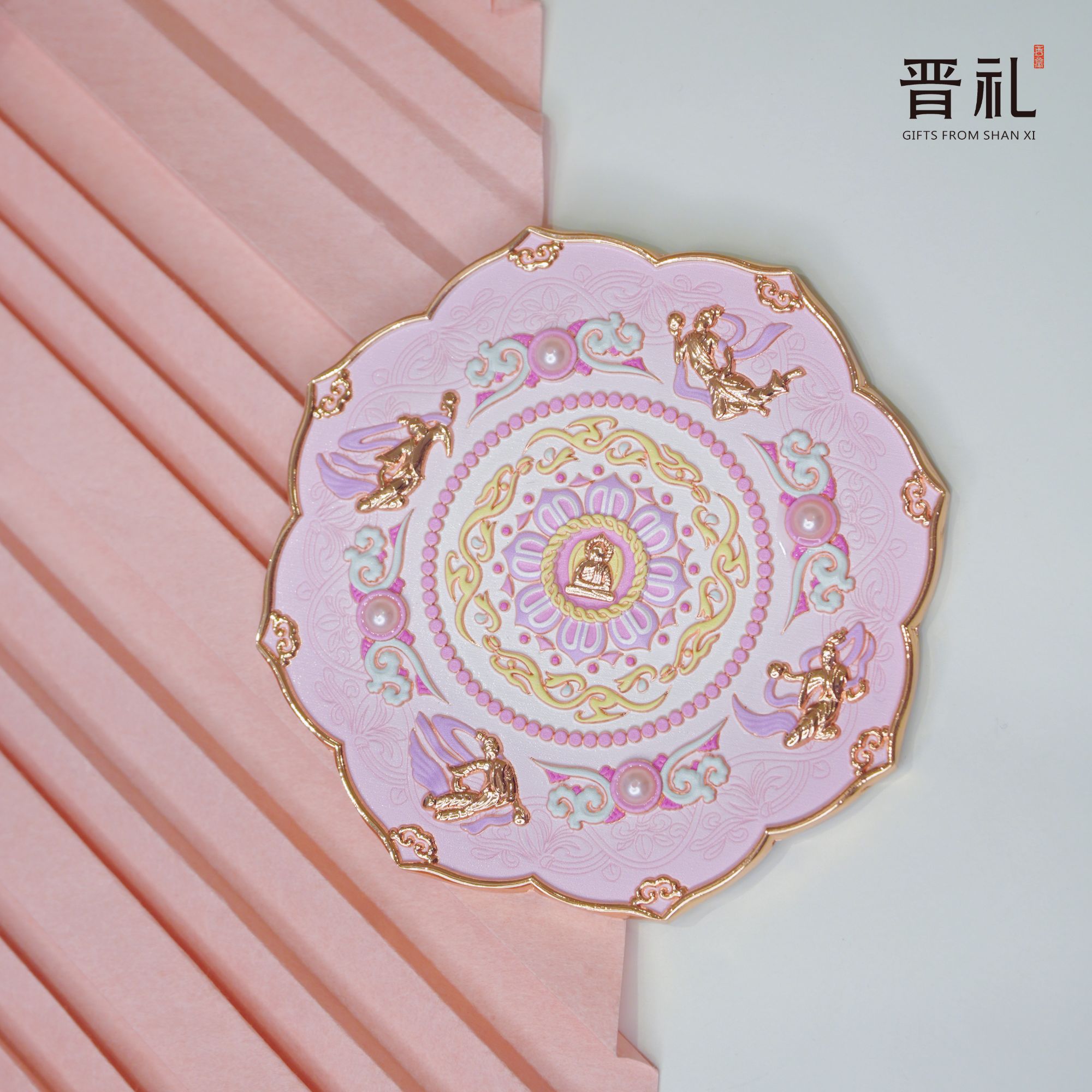 晋礼山西文创云冈石窟莲华梵影合金手持化妆镜
