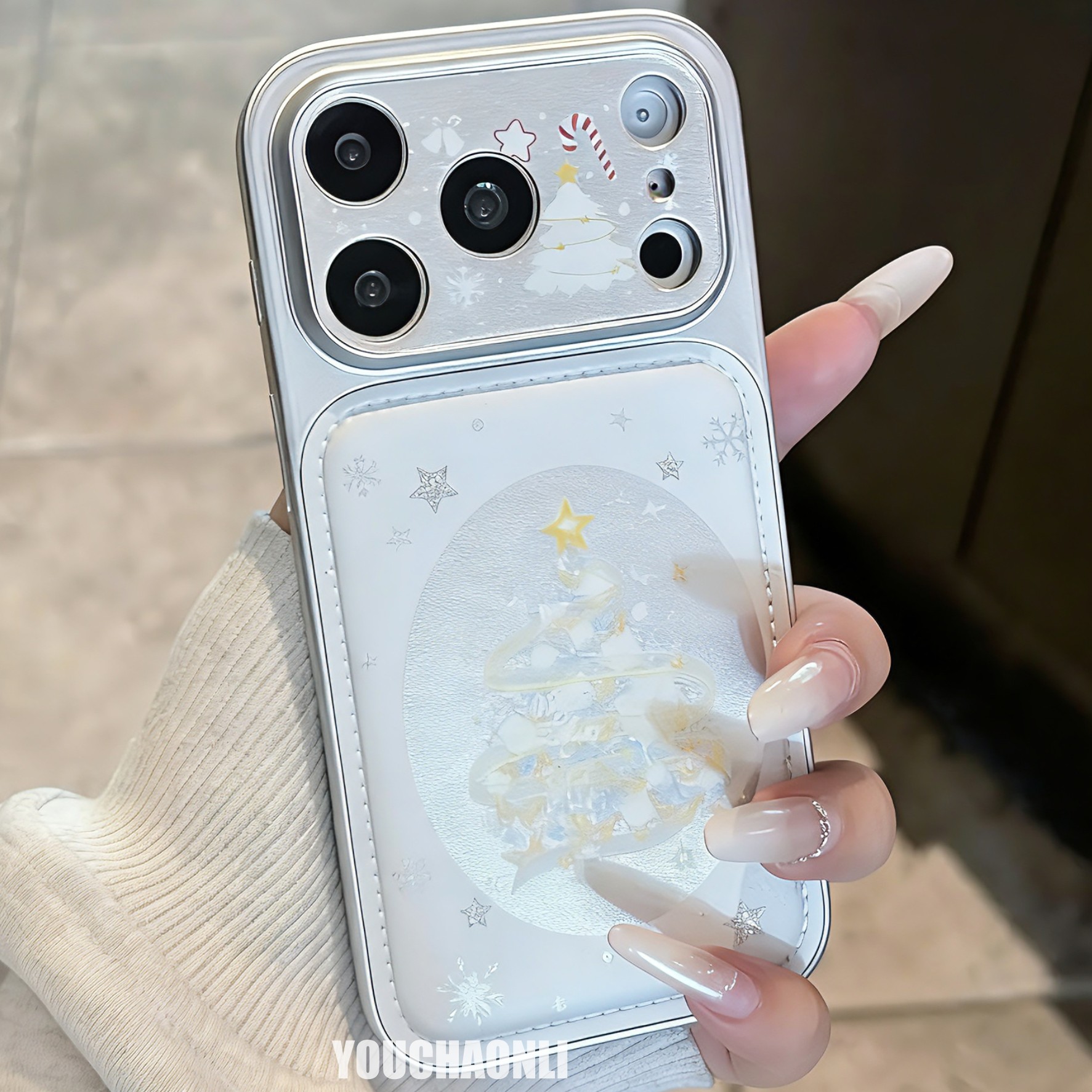 皮质大视窗银边圣诞树苹果17promax手机壳iPhone16151413女14pro