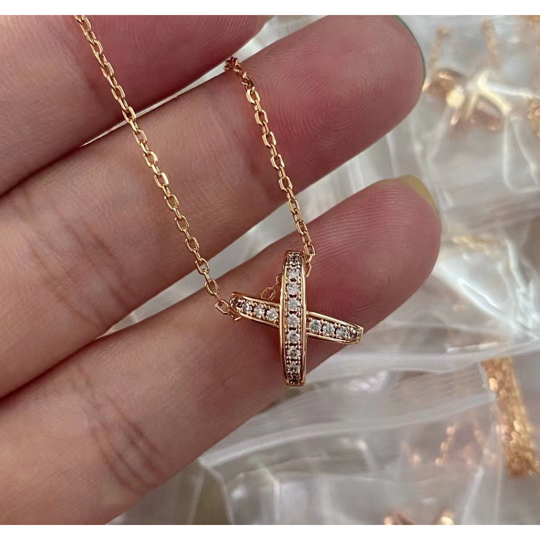 合金项链 交叉项链女轻奢小众18K玫瑰金色简约高级气质时尚带钻