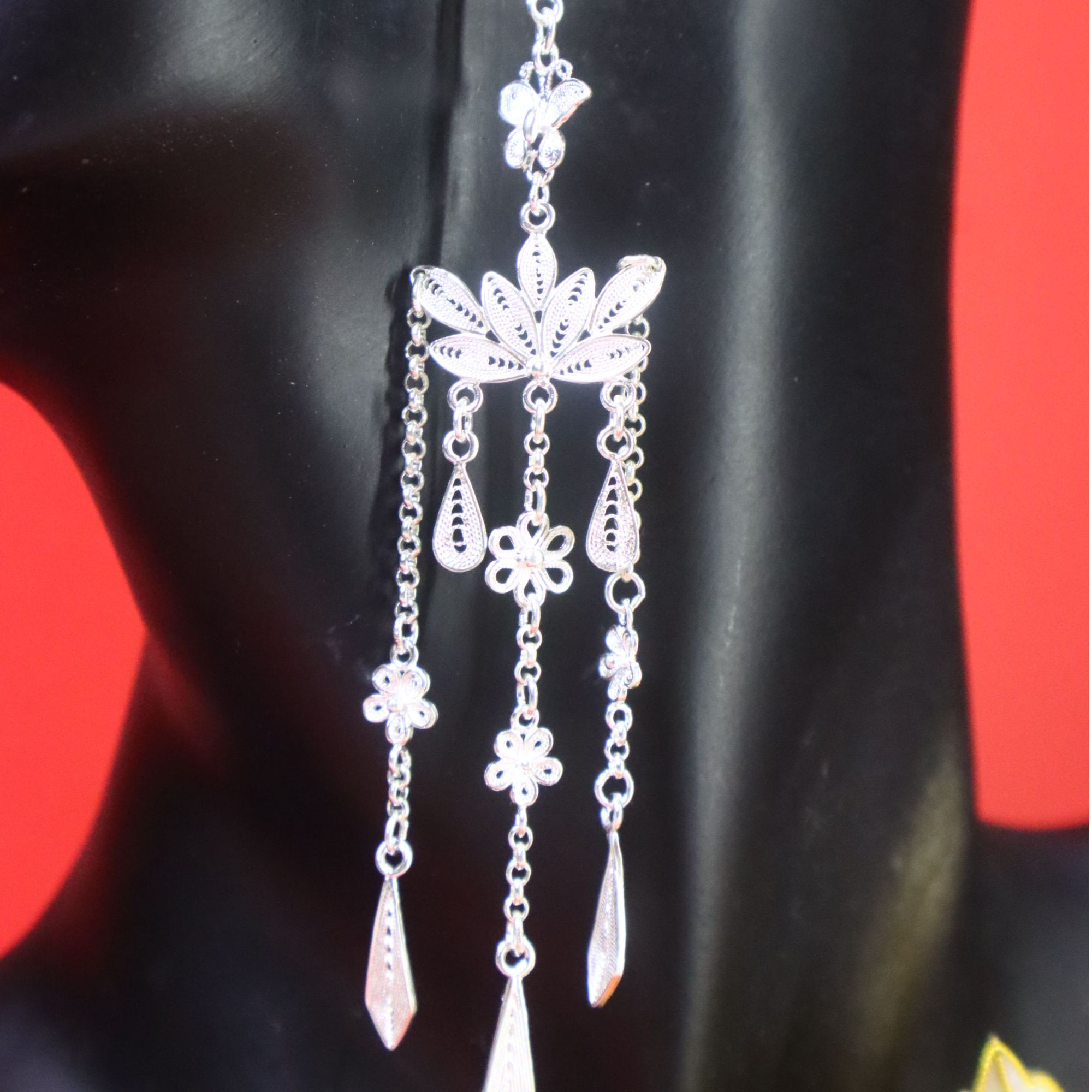 足银耳饰 足银古风荷花流苏民族风耳环 女士秀气款式