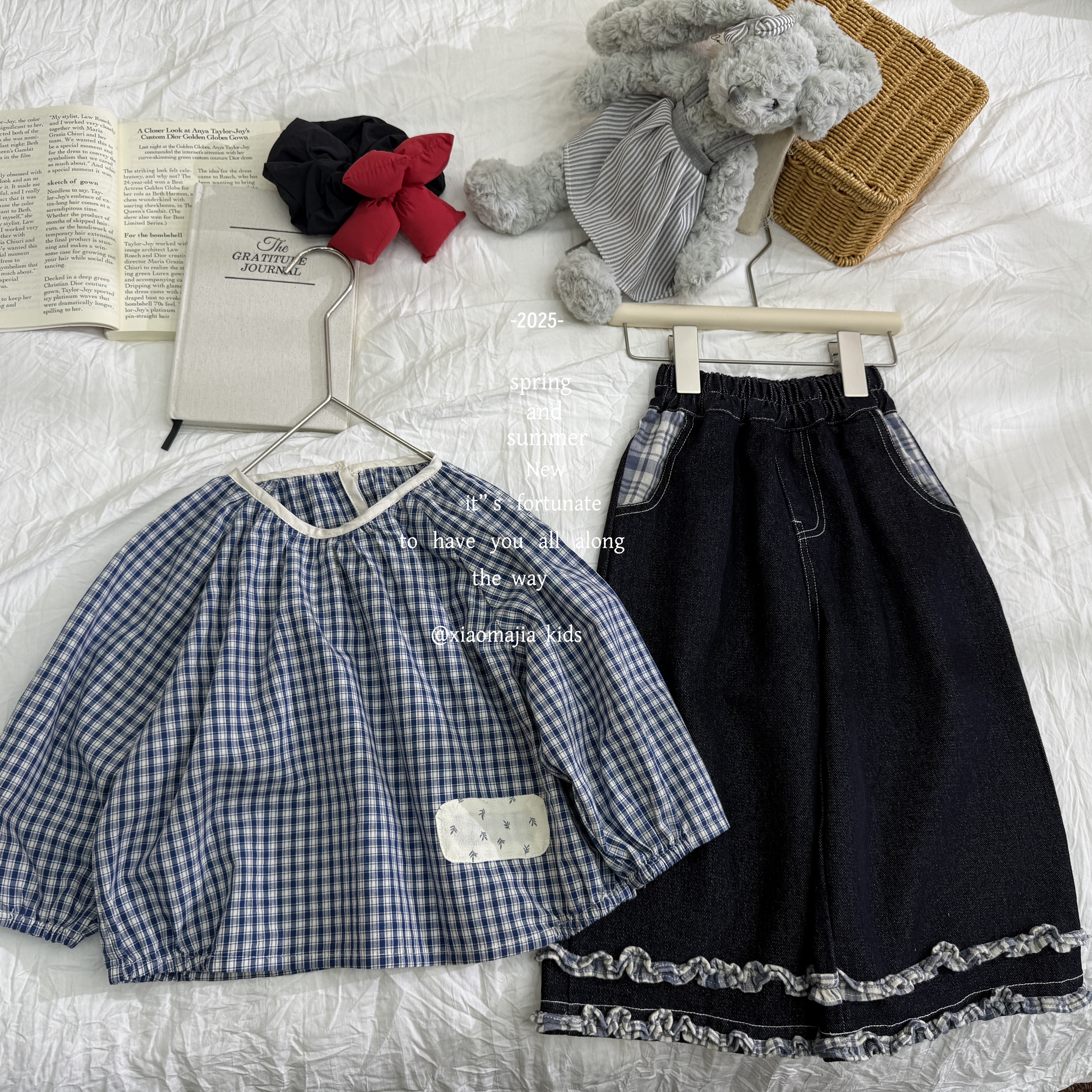 现货-小马家2025秋款女童碎花贴布格子娃娃衫D-6525时尚圆领上衣