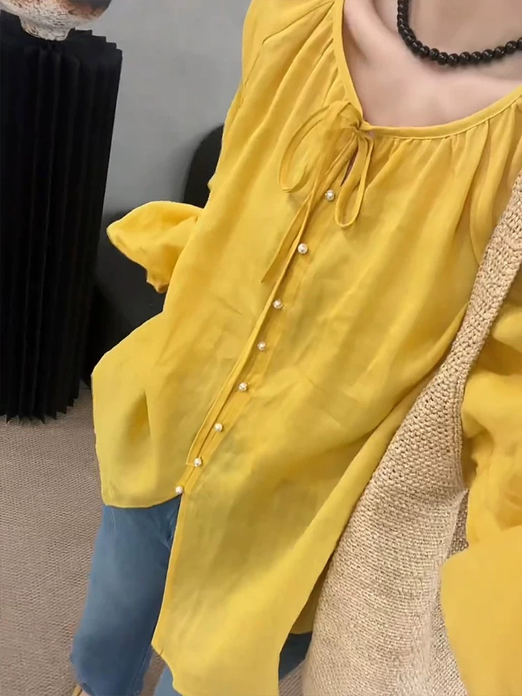 〔珍珠扣灯笼中袖〕〔不可机洗〕欧货宽松系带纯色苎麻衬衫