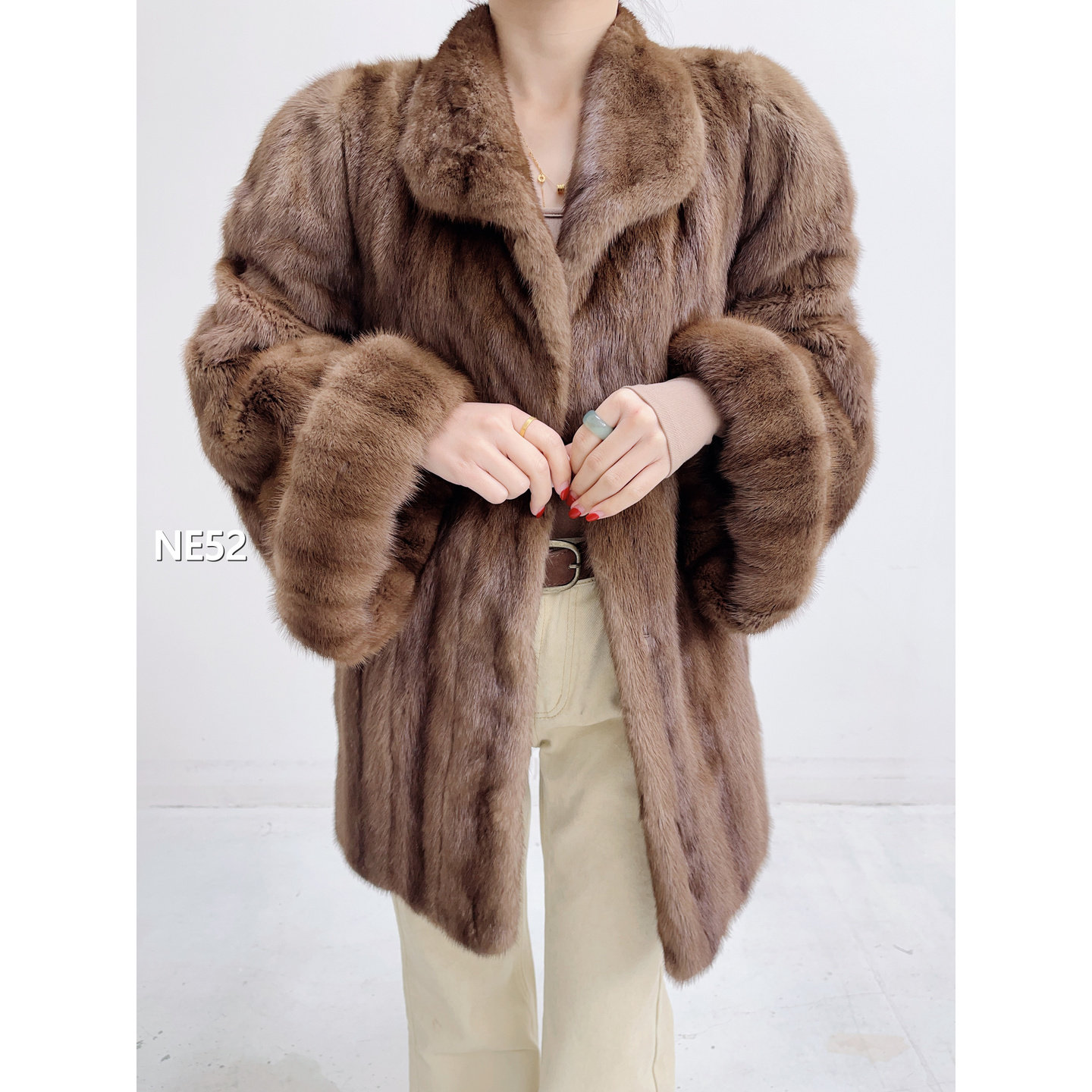 【NE52】L 冷茶棕中长款全抽貂皮大衣（肩42胸108衣76袖62）05052