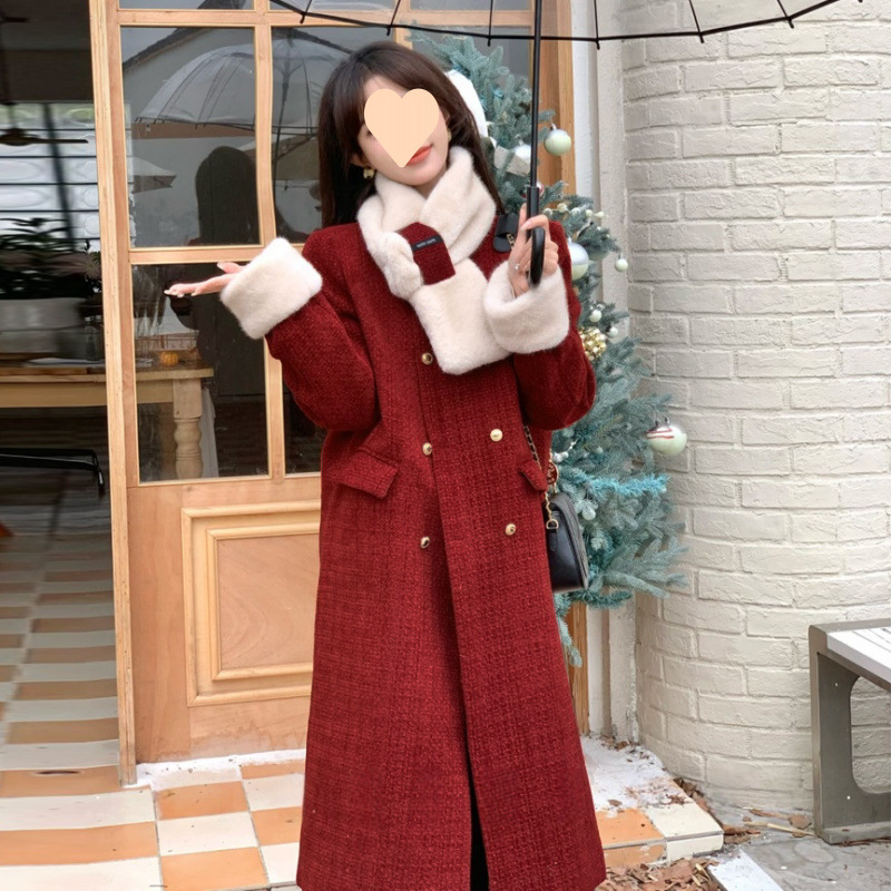 气质呢大衣双排扣外套加绒过膝长款毛呢小香风复古新年秋冬女红色