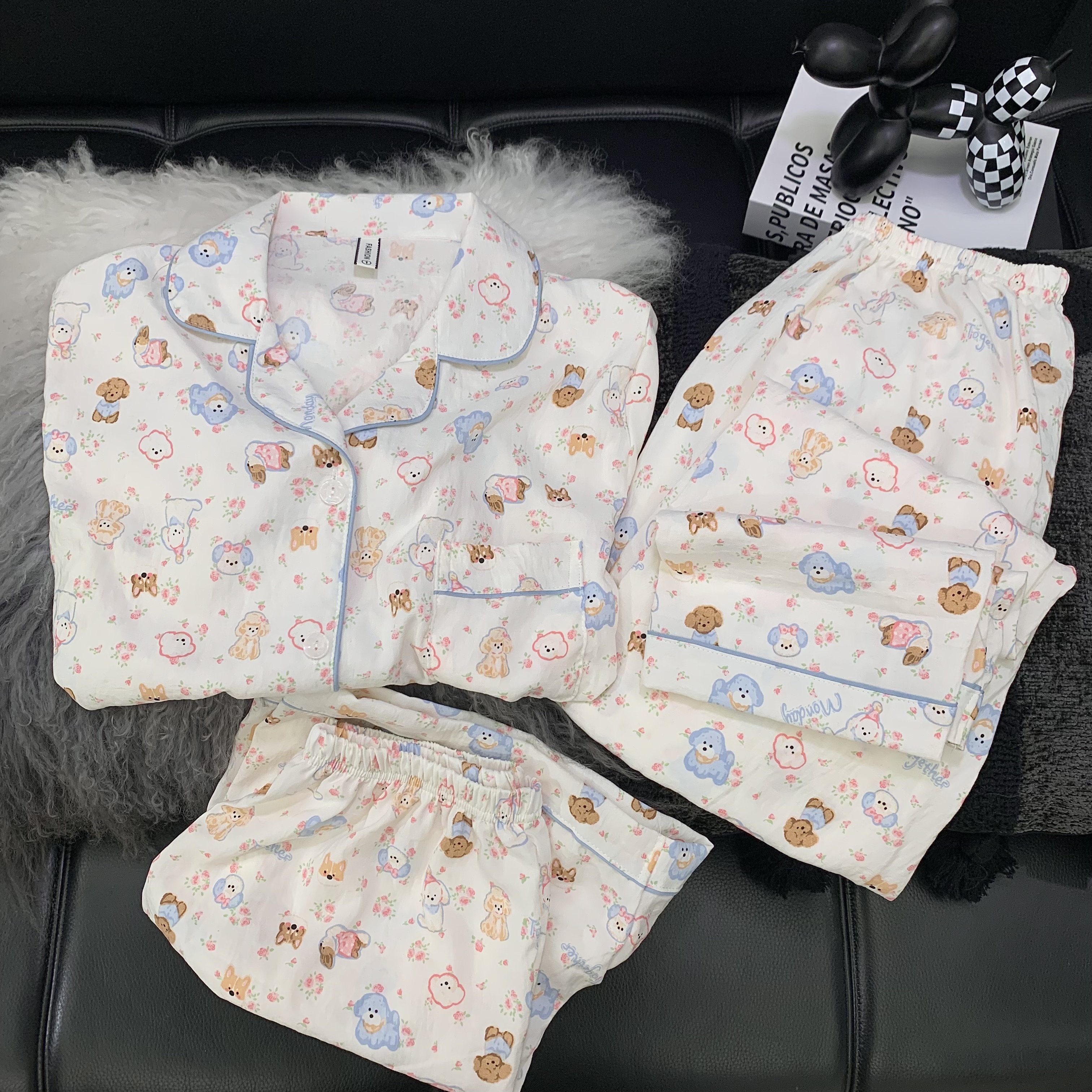 【卷毛萌萌狗三件套】春夏新款云朵绵短袖短裤长裤卡通睡衣女家居服