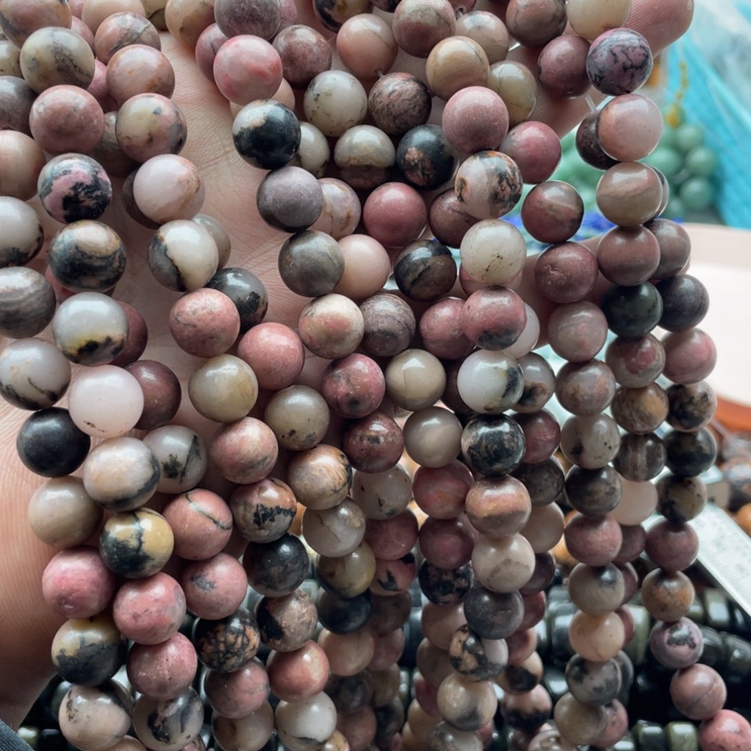 玛瑙/玉髓合金珠宝半成品一条装卡10mm黑粉蔷薇圆珠