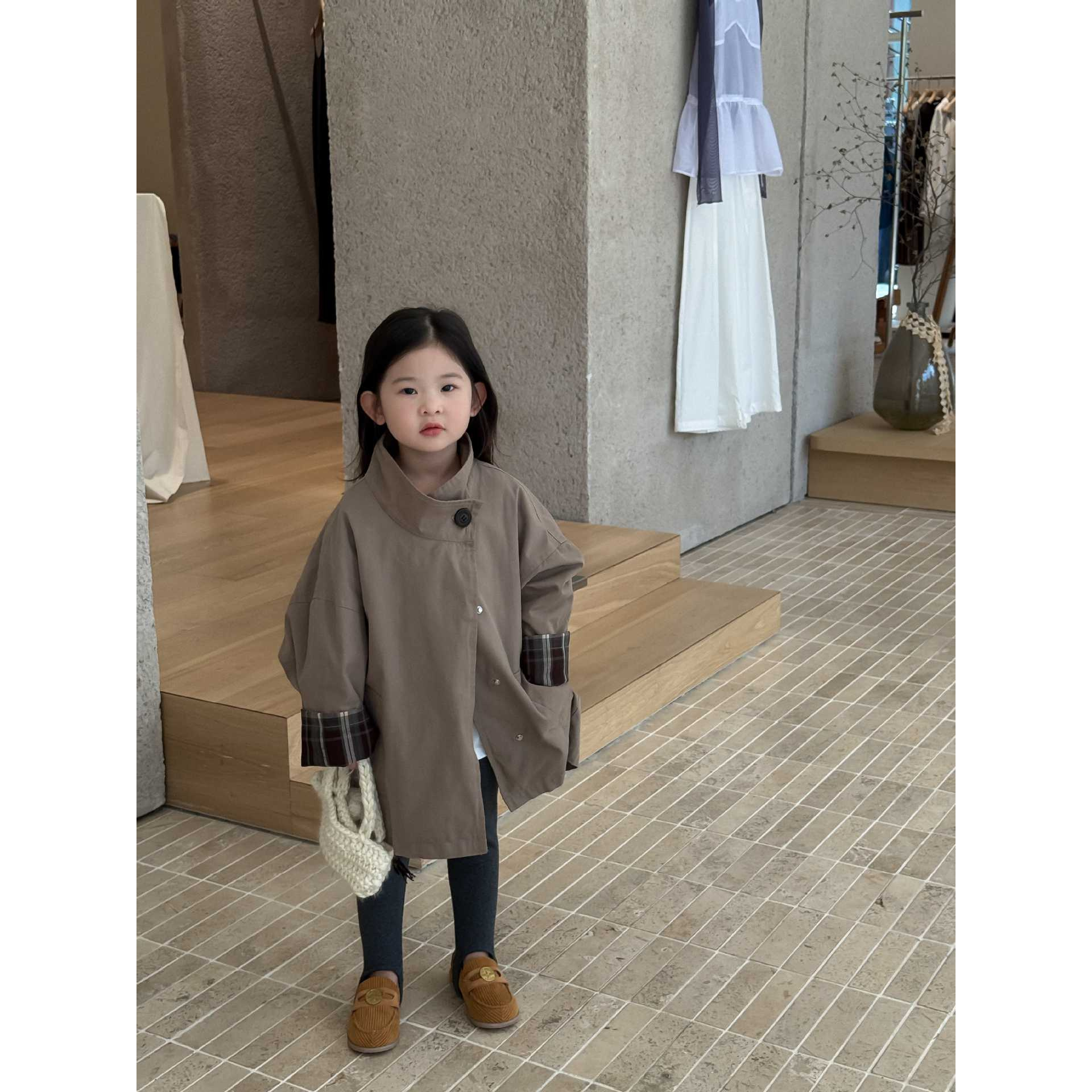 Bmy2025at 女童秋季新款韩版中长款风衣内搭T百搭打底裤套装