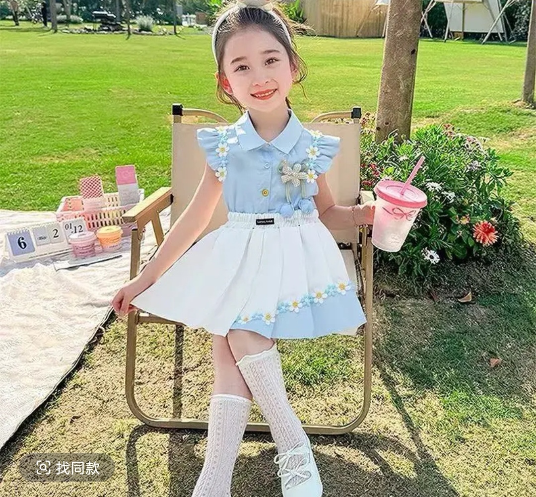 【G】2025夏季新款韩版单排扣百褶裙套装女宝学院风