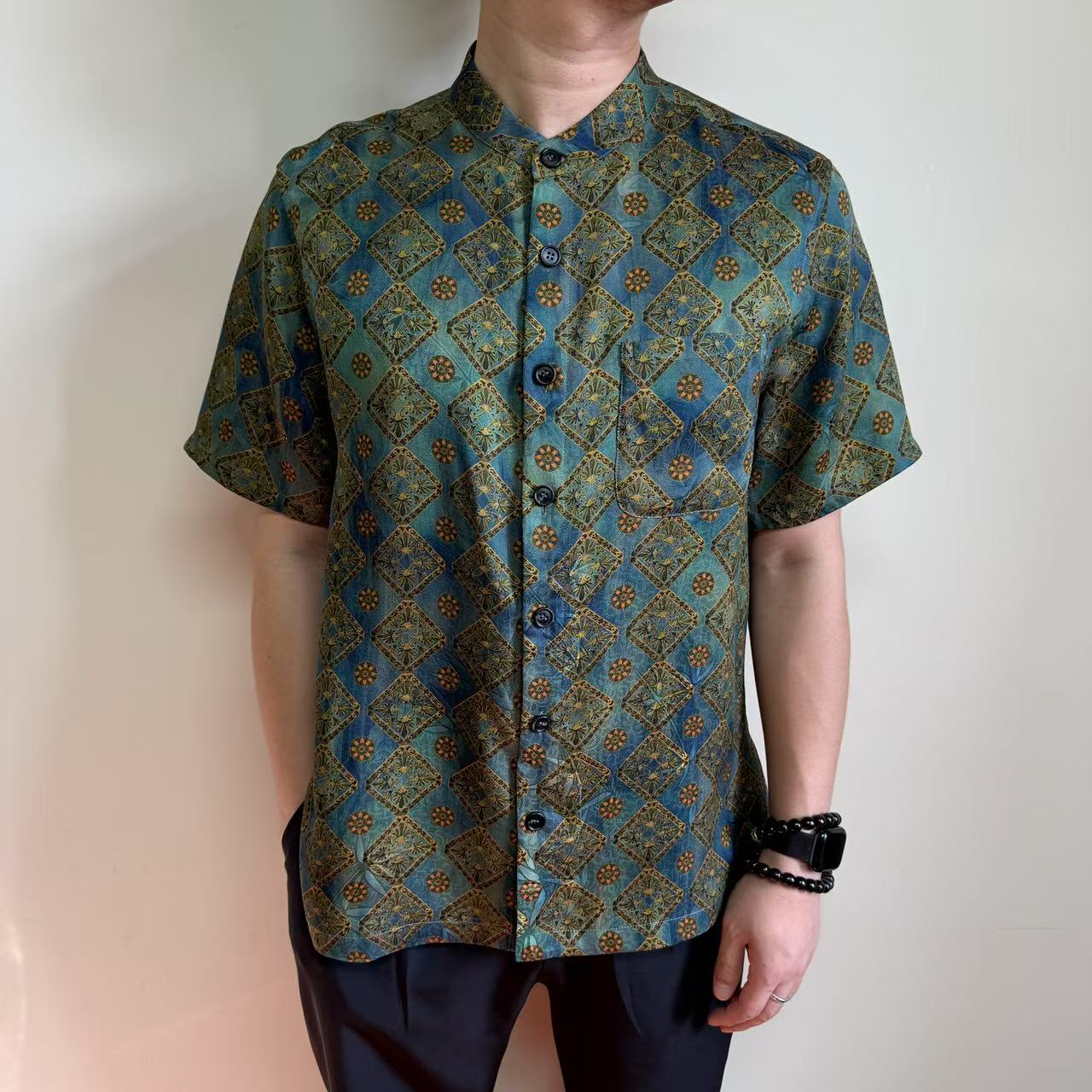 月下扬帆男士100桑蚕丝2586红云纱花罗圆领短袖夏季透气