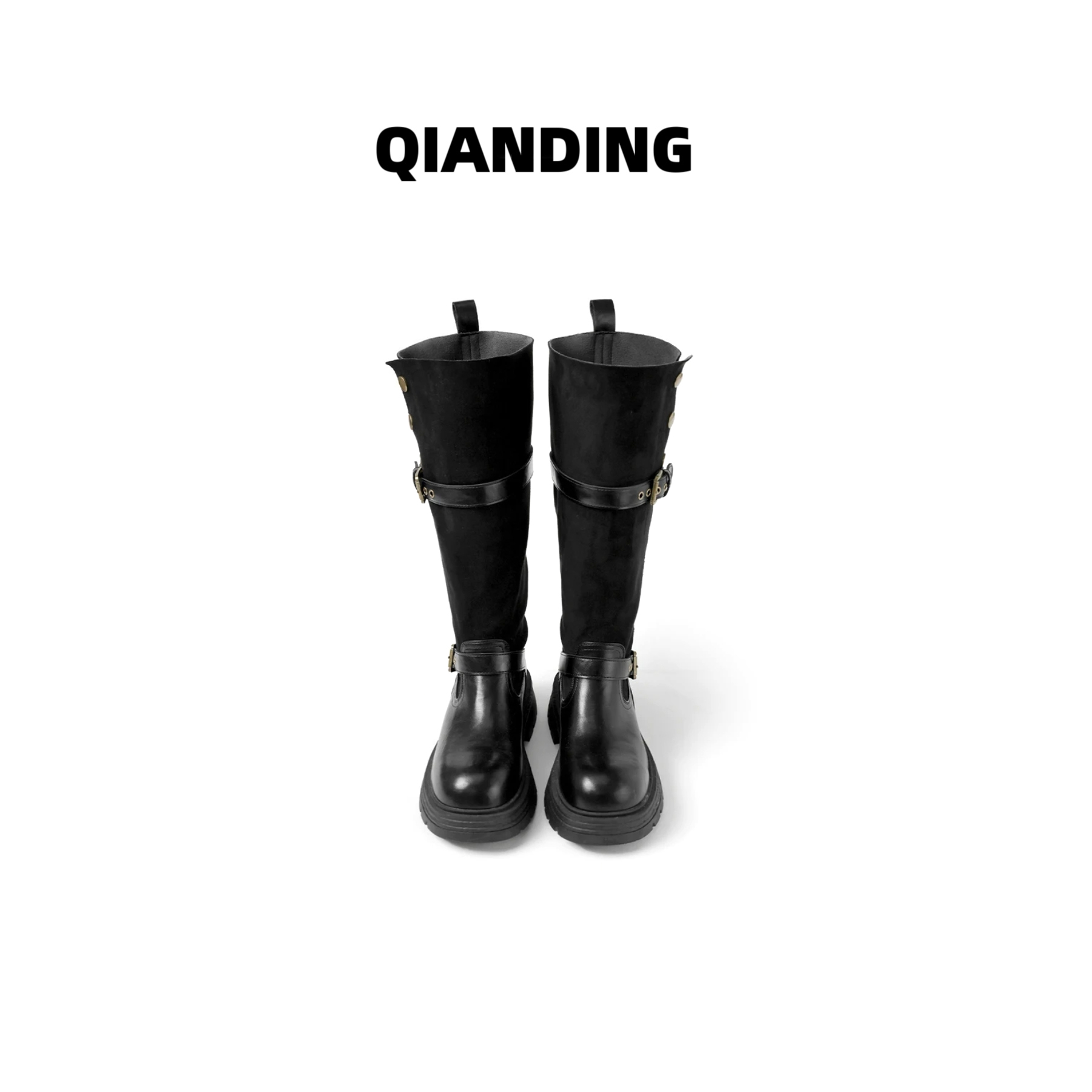 【QIANDING】【高筒磨砂皮金币骑士靴】磨砂绒面厚底增高时尚鞋子F151