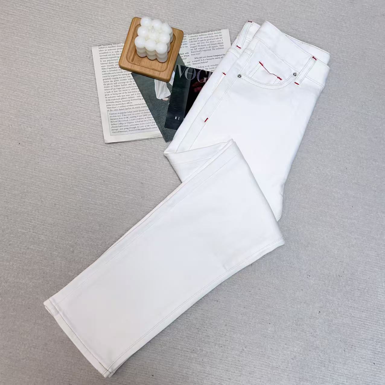 【小黑家】长92高端柔软细腻红色撞线百搭气质法棍牛仔裤86126