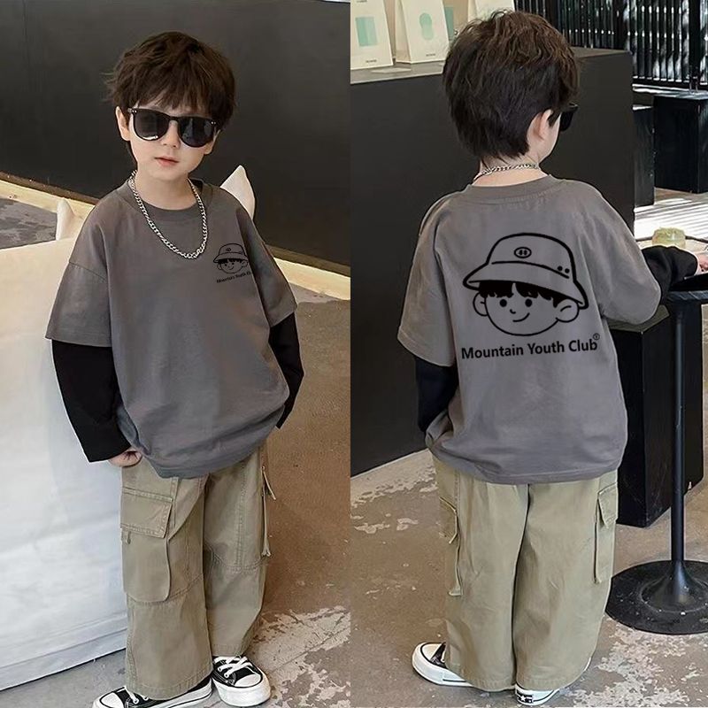 男童纯棉假两件长袖t恤秋装新春洋气男孩中大童痞帅休闲打底衫潮