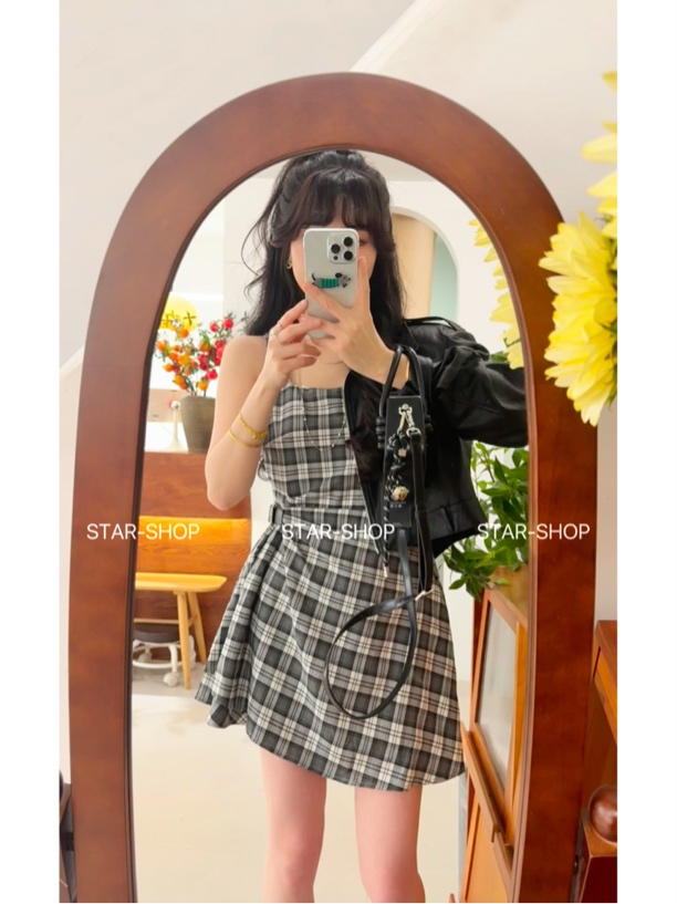 ｛个性格子｝春 不规则裙摆 格子背心裙 连衣裙