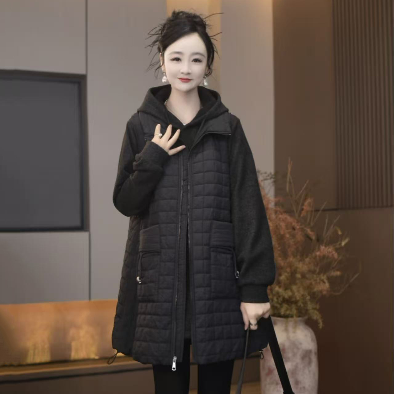 117-6875方形格设计通勤风百搭长款棉马夹时尚大口袋女装