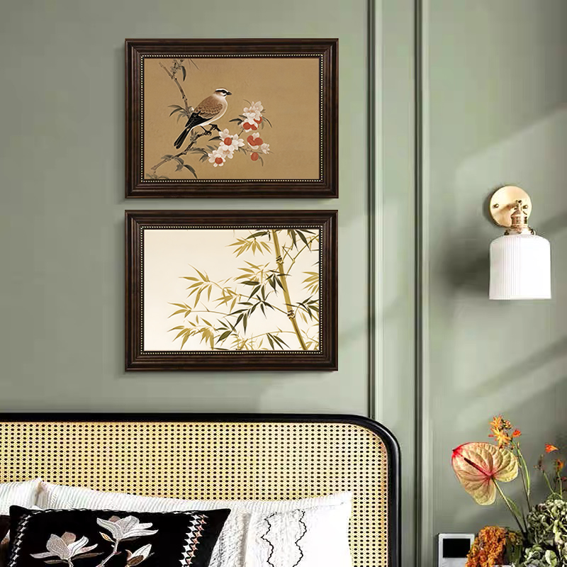 新中式中古风花鸟竹子装饰画法式高级感餐厅客厅玄关挂画AL01