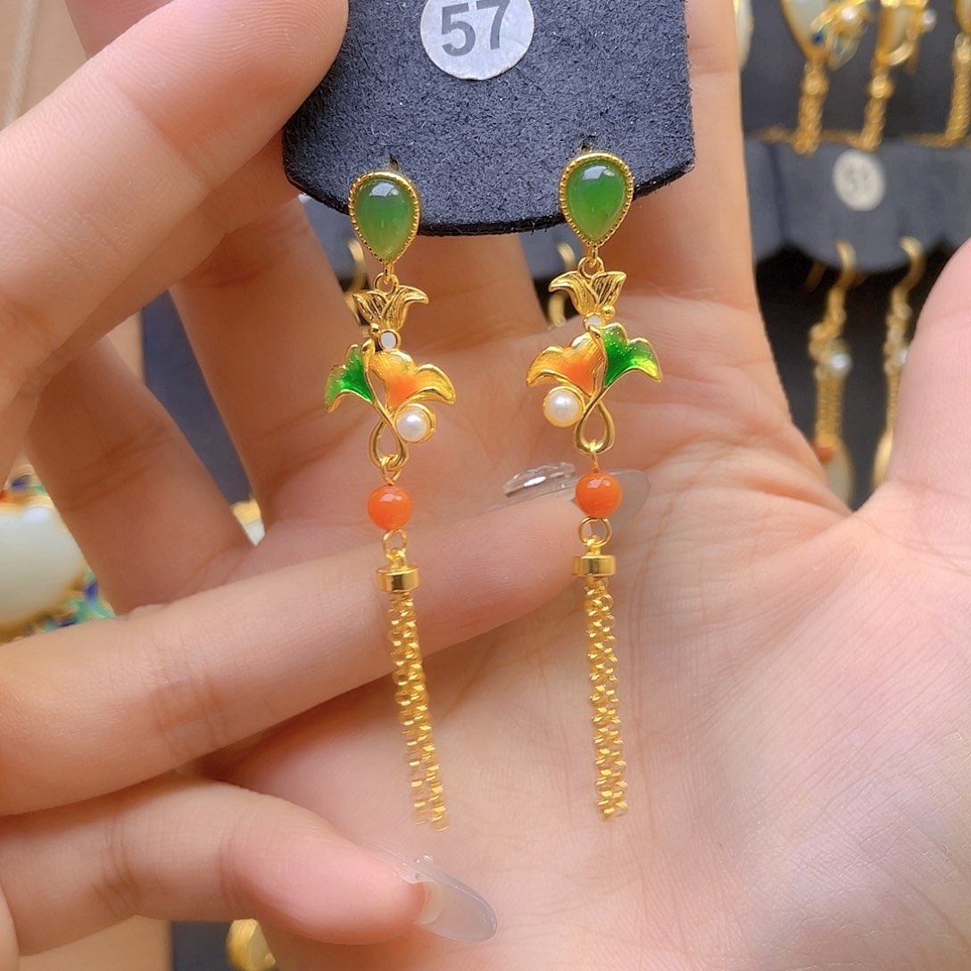 和田玉银S925镀金镶嵌耳饰