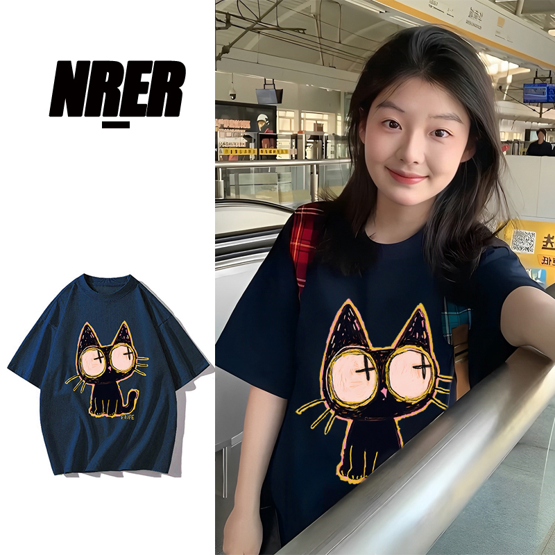 NRER夏季新款小众独特别致设计感百搭圆领短袖上衣减龄印花T恤女