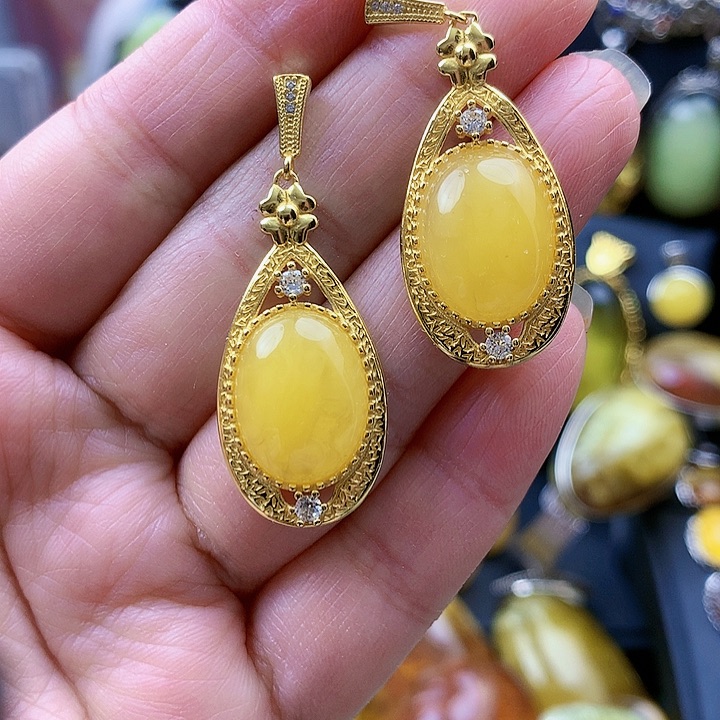 琥珀裸石银S925镶嵌耳坠