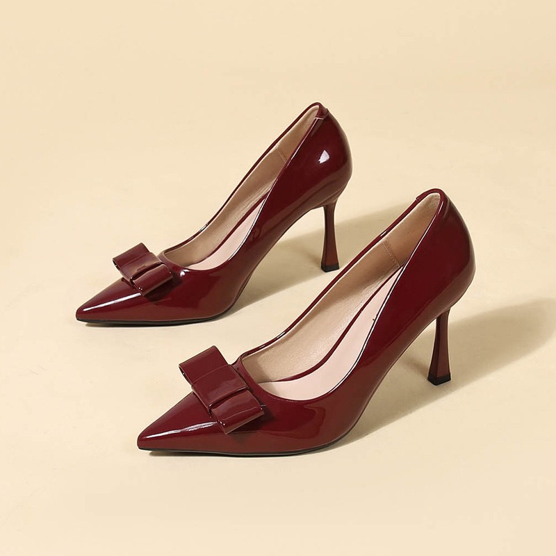 宽脚显瘦漆皮细跟高跟鞋蝴蝶结高跟鞋酒红色单鞋秋季春秋