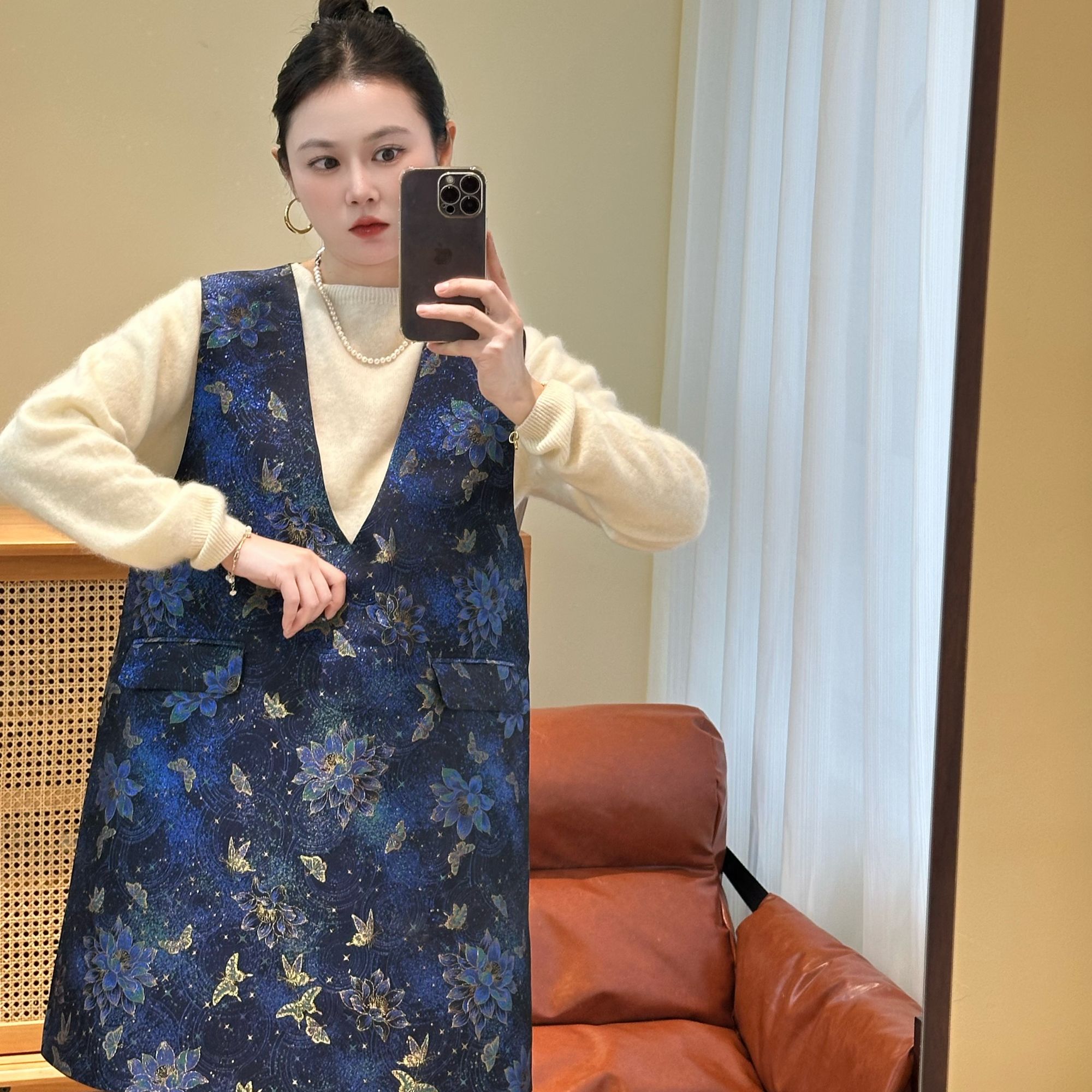 蝴蝶牡丹老宋锦v领连衣裙90长桑蚕丝高级感蓝色系新中式连衣裙