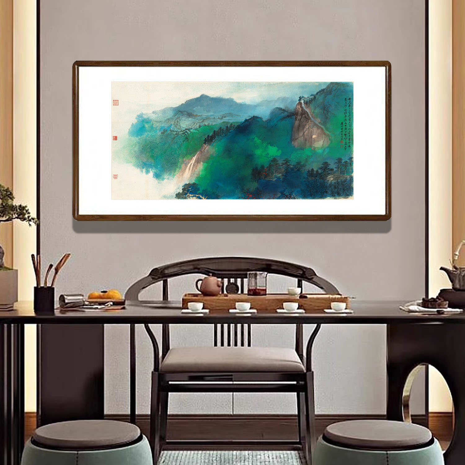 国画谷口人家泼彩青绿山水画新中式客厅背景墙装饰画茶室横版壁画