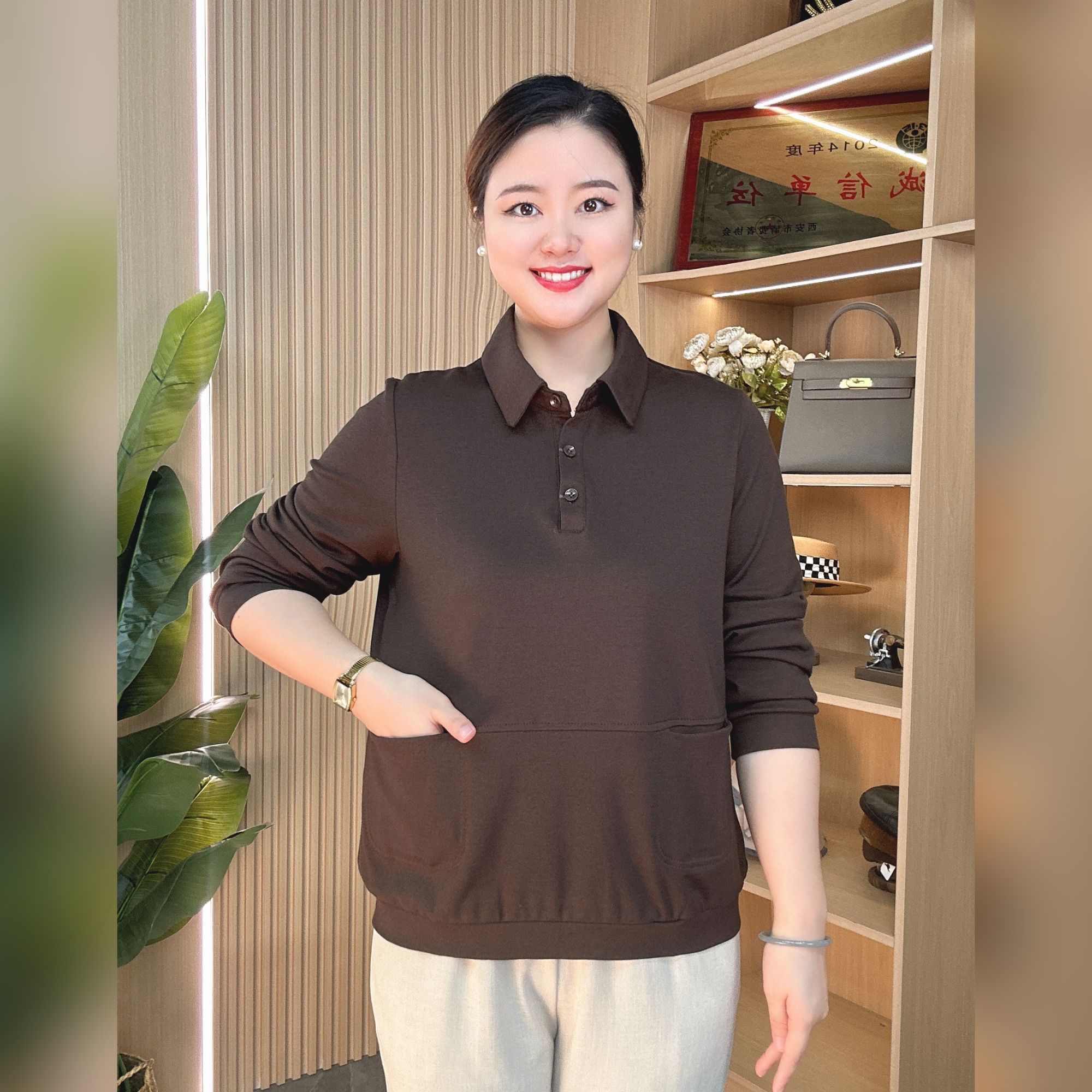 中年妈妈装秋季新款纯色polo领打底衫宽松休闲长袖女士翻领上衣