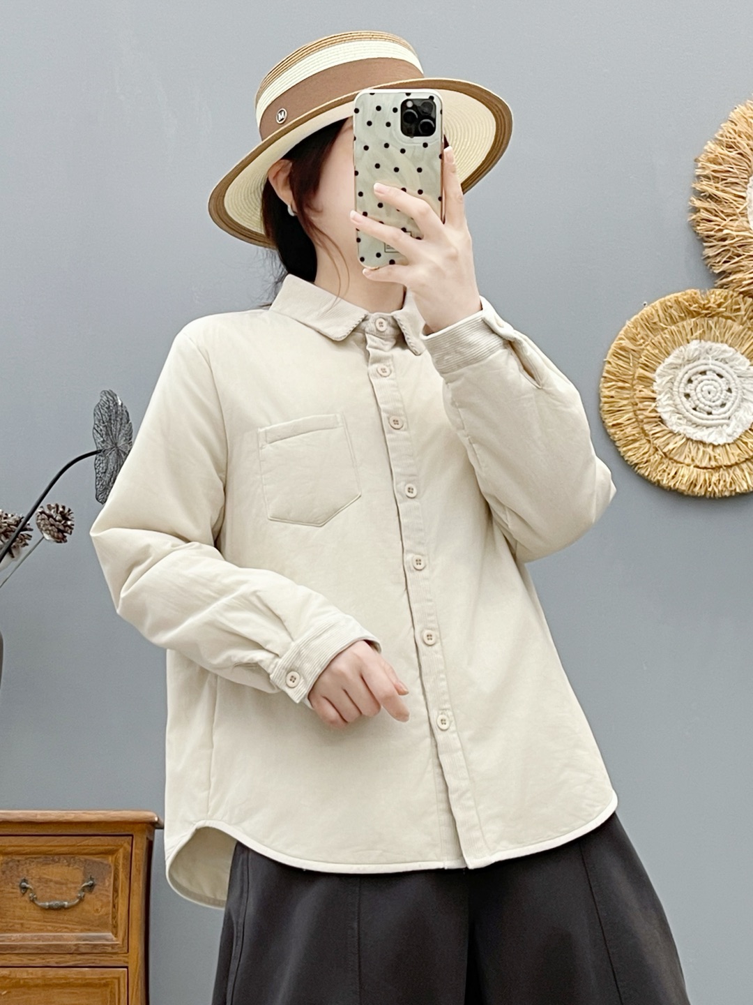 纯棉灯芯绒拼接夹棉衬衫休闲女装宽松秋冬休闲风长袖JD     6512