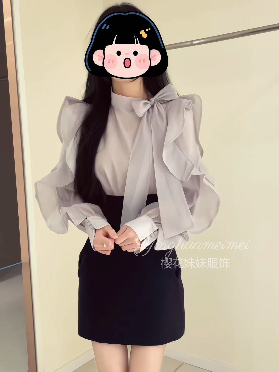 樱花妹妹 公主上班喽！可爱侧蝴蝶结微珠光雪纺衬衫
