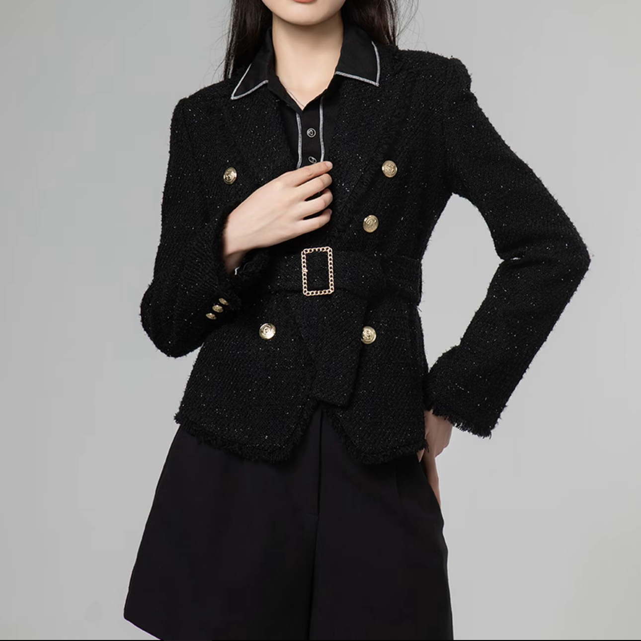 哥弟GIRDEAR时尚气质品质细闪女装双排扣系带小香风外套1400524