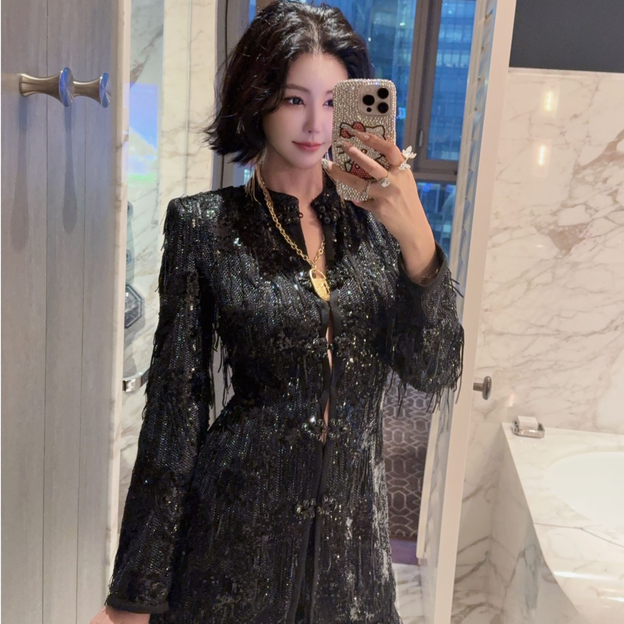 DUOMI【流苏女神】白黑两色满身亮片流苏盘扣上衣裤子TZ15040