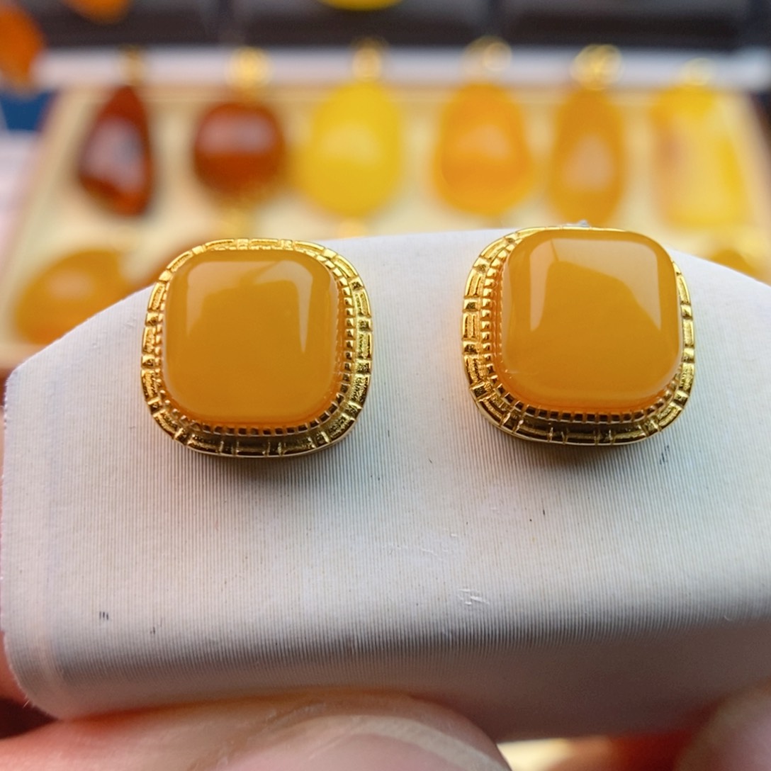 琥珀耳饰银S925镀金镶嵌