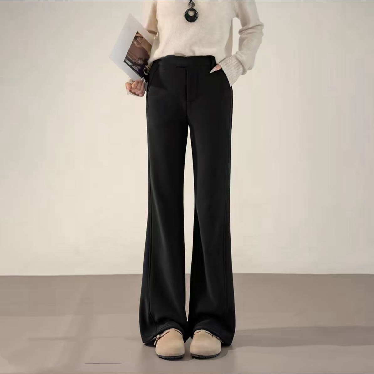 加绒加厚高腰显瘦双压线腿精裤子微喇裤女大码秋冬新款百搭小黑裤