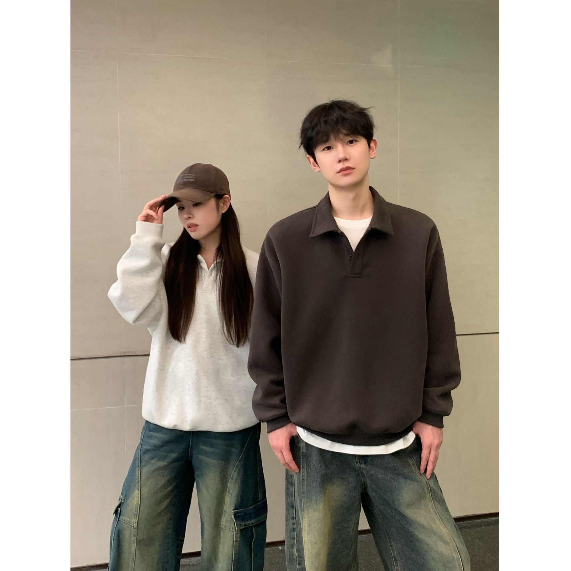 重磅套头卫衣男女秋款翻领POLO衫美式纯色潮牌休闲宽松外套