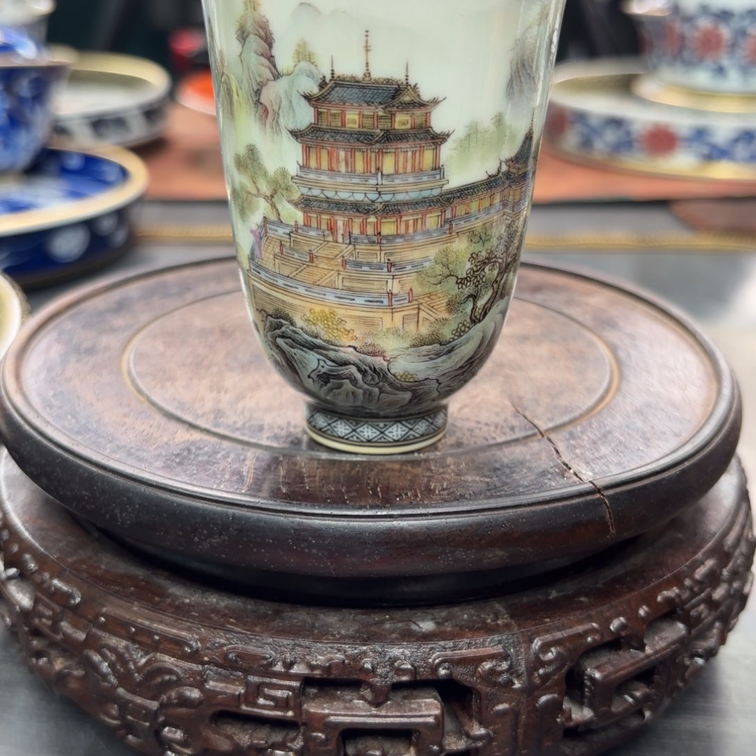 手绘粉彩蓬莱仙景闻香杯