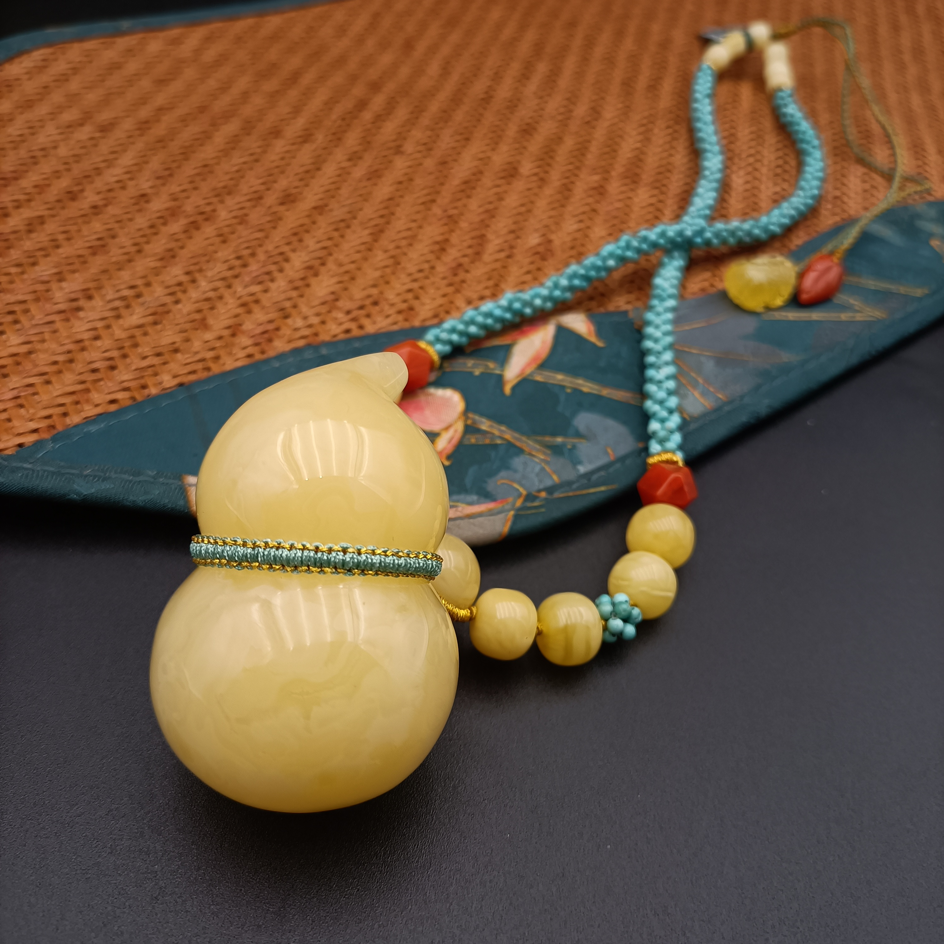 J200天然琥珀蜜蜡白花蜡大葫芦豪华套链