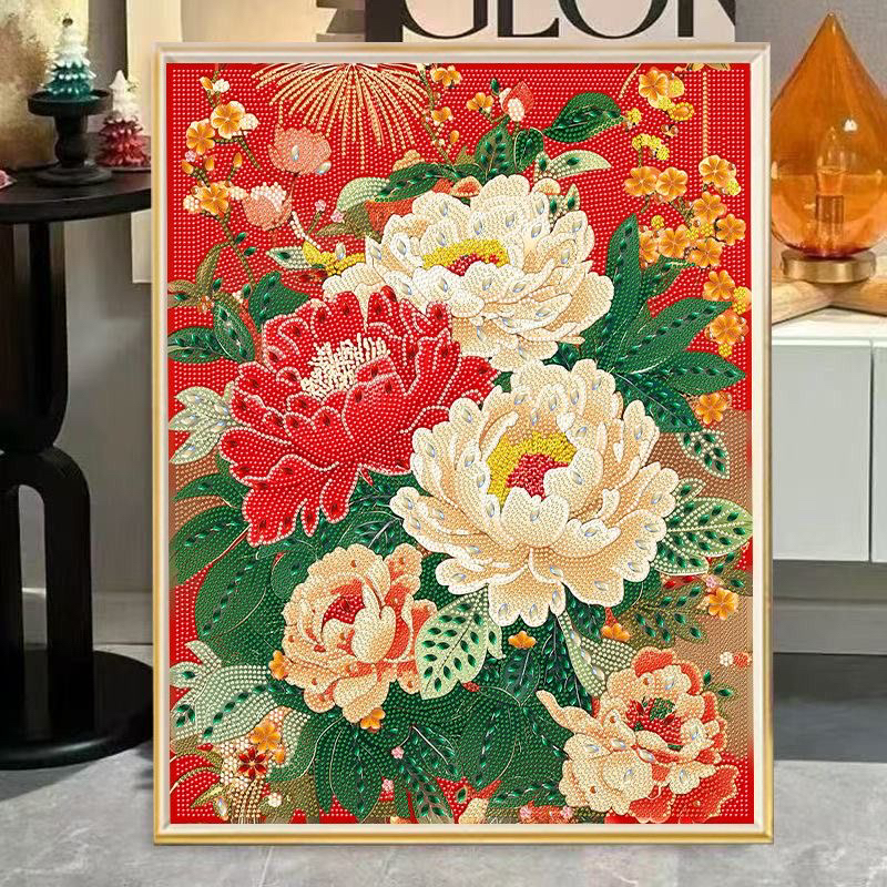 国色牡丹钻石画带框高级感异形钻花开富贵牡丹花手工diy点钻挂画