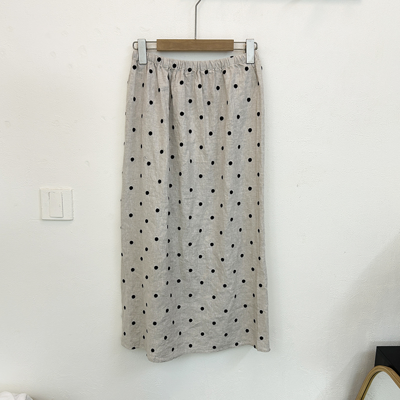 日系亚麻波点半身裙女松紧腰夏季宽松显瘦百搭开叉裙子a字中长裙