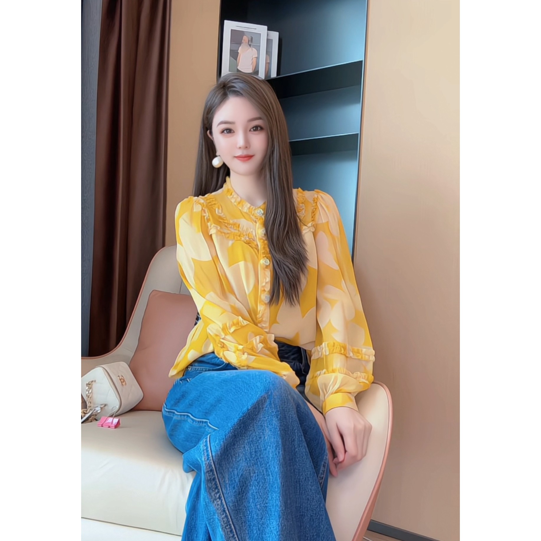 【深圳米熙儿】桑蚕丝蝴蝶印花木耳边衬衣衬衫Y222