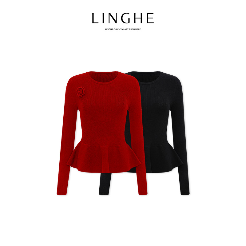 翎禾LINGHE-「芭蕾剧院」圆领长袖套头衫立体花朵收腰打底衫