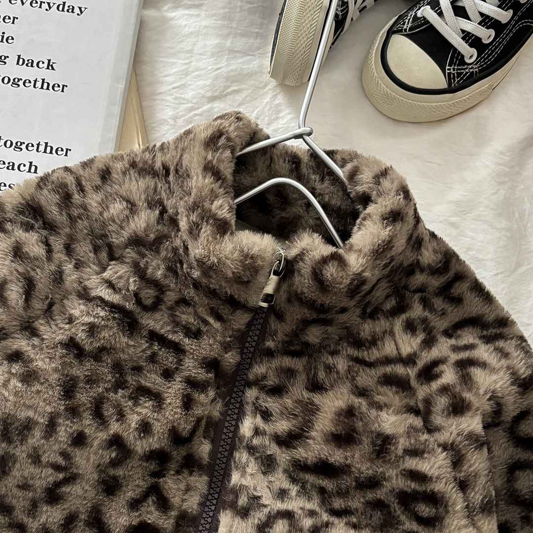 儿童冬季加绒豹纹毛毛衣外套2025新款潮流百搭